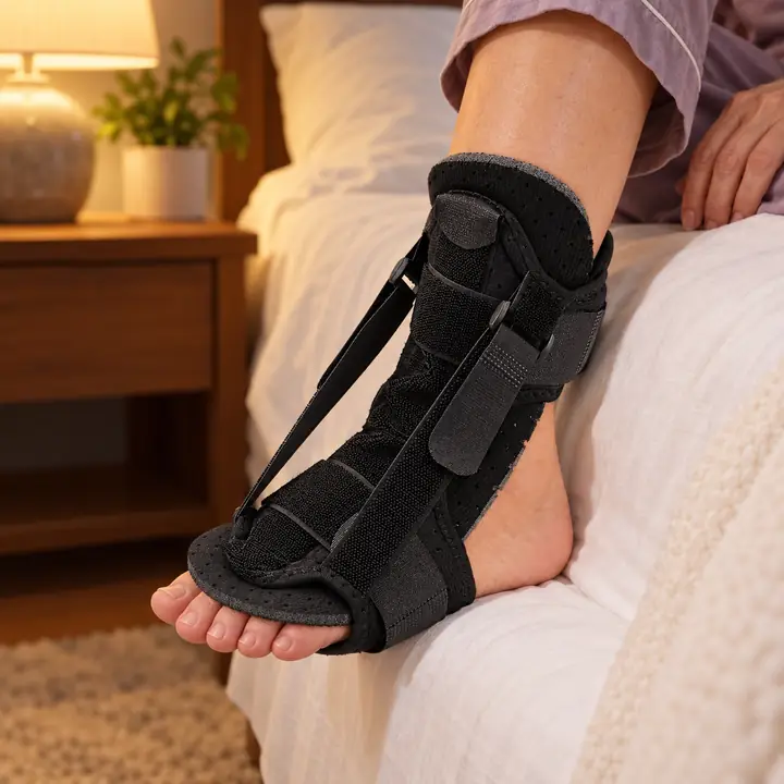 Night support worn on the front of the lower leg and foot, heel open, two straps with buckles
