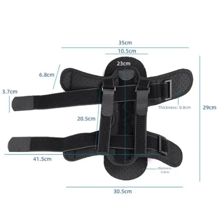 FirstStep night support laid flat with its measurements: 35 cm across the top, 30.5 cm across the bottom, 29 cm long, straps 41.5 cm