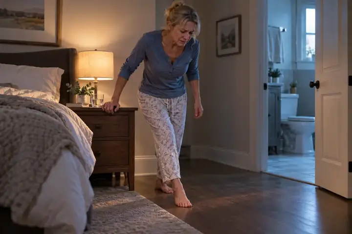 Woman steadying herself on furniture on the way to the bathroom