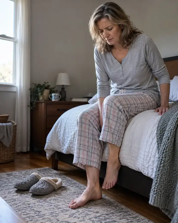 Woman sitting on the edge of her bed, bracing before her first step